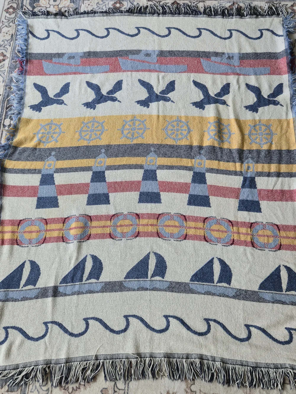 Vintage Nautical Woven Tapestry Throw Blanket 60x47 Coastal Beach Seaside Fringe